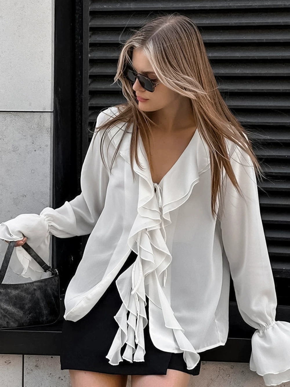 Forever 21 Chiffon Ruffle Loose White Tie Front Cardigan Blouse Spring Design